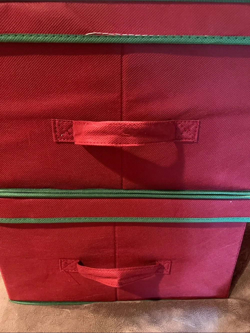 Festive Red Holiday Ornament Storage Bin with Green Trim